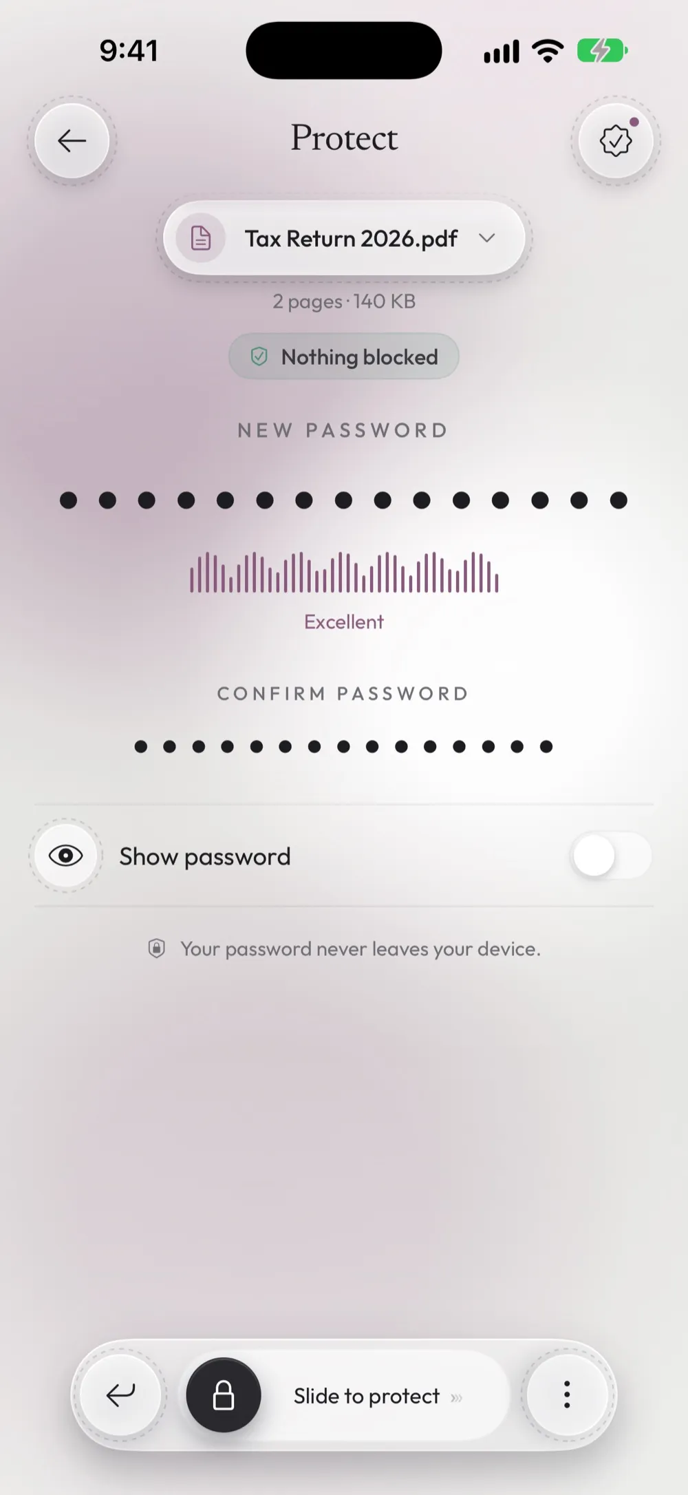 The Protect screen with Tax Return 2026.pdf, a new password rated Excellent and the confirmation field