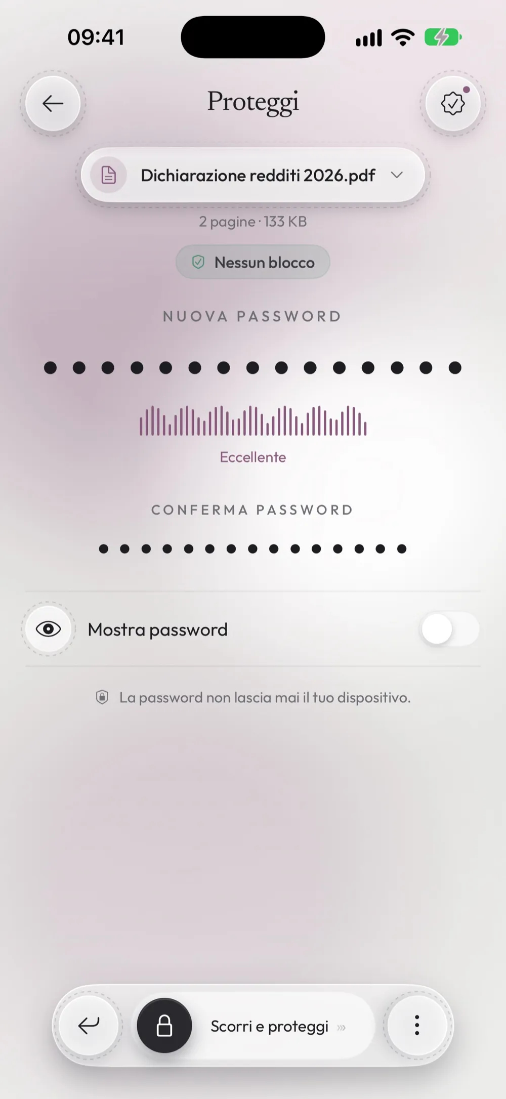 La schermata Proteggi con Dichiarazione redditi 2026.pdf, una nuova password valutata Eccellente e la conferma