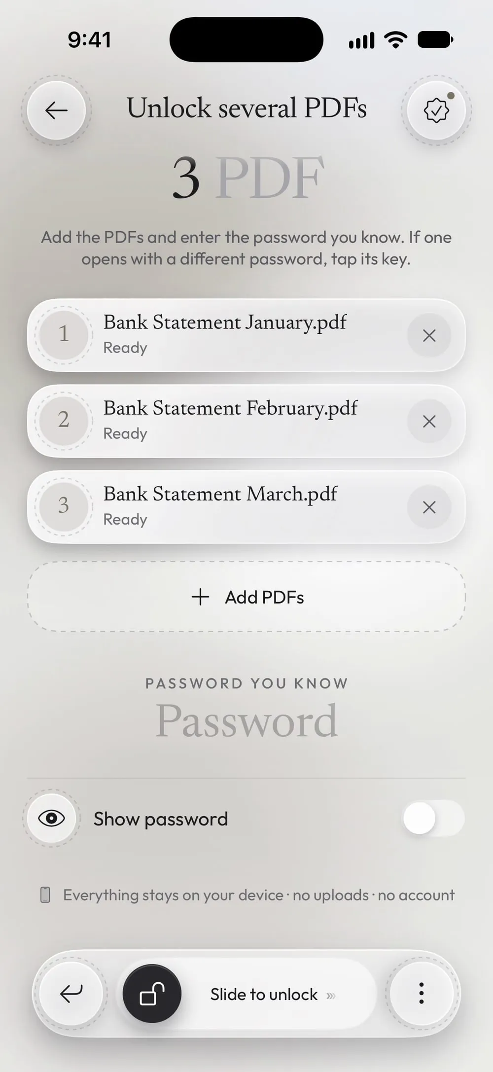 Three bank statements added, each one Ready