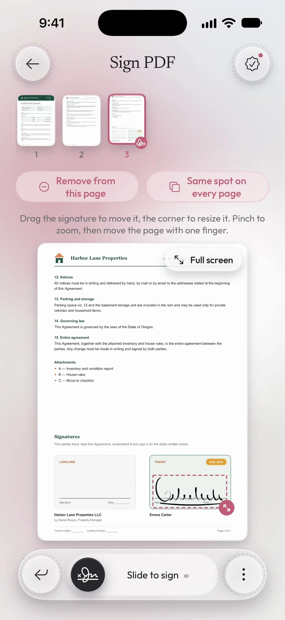 The signature on page 3, in the tenant's box, with the corner to resize it and Full screen
