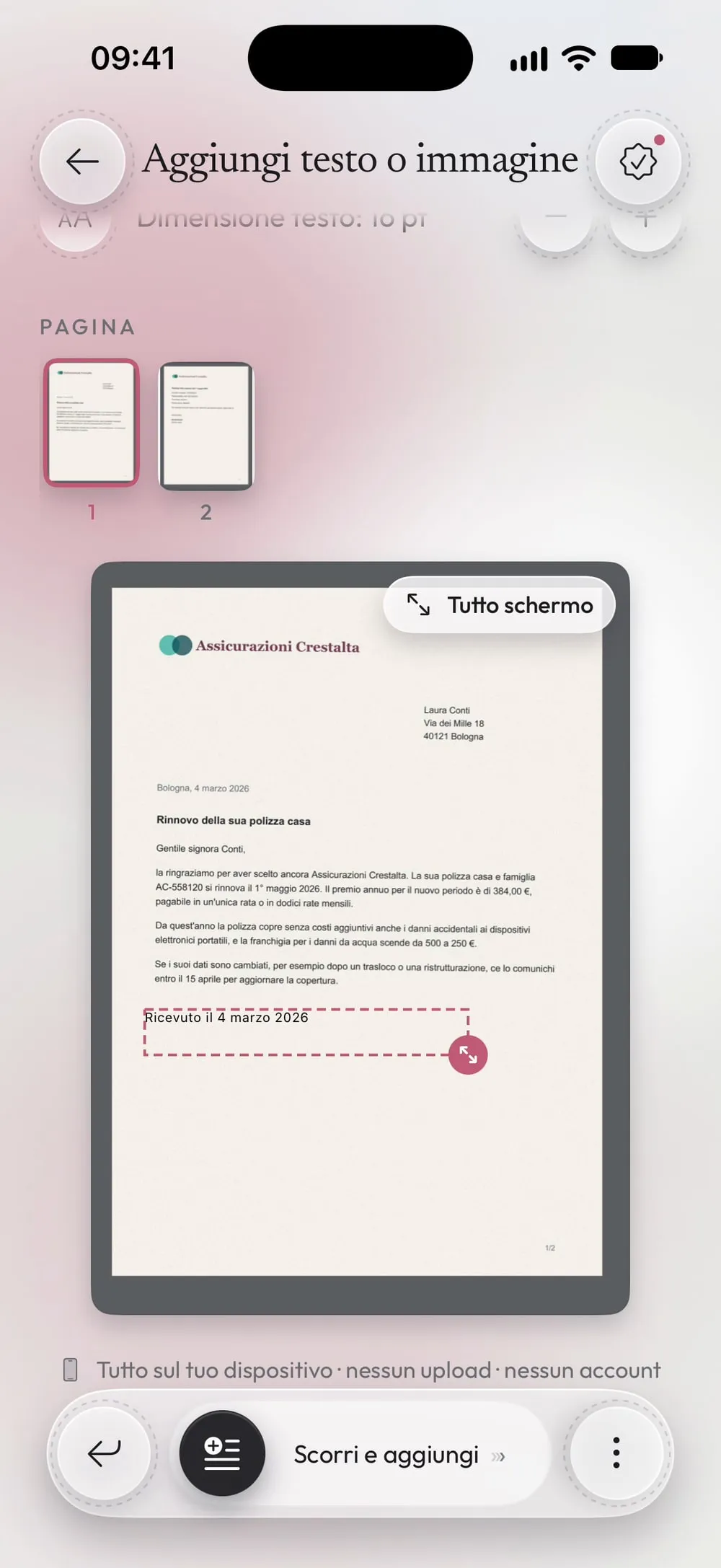 La nota trascinata nello spazio vuoto sotto la lettera