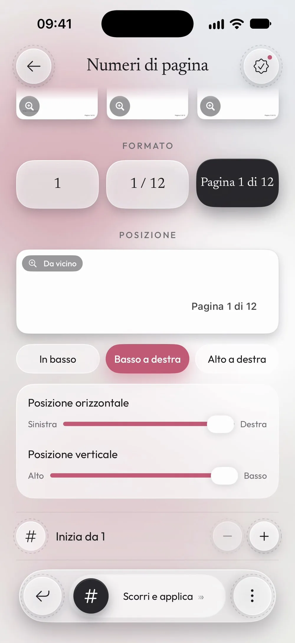 Basso a destra scelto, con i cursori della posizione orizzontale e verticale
