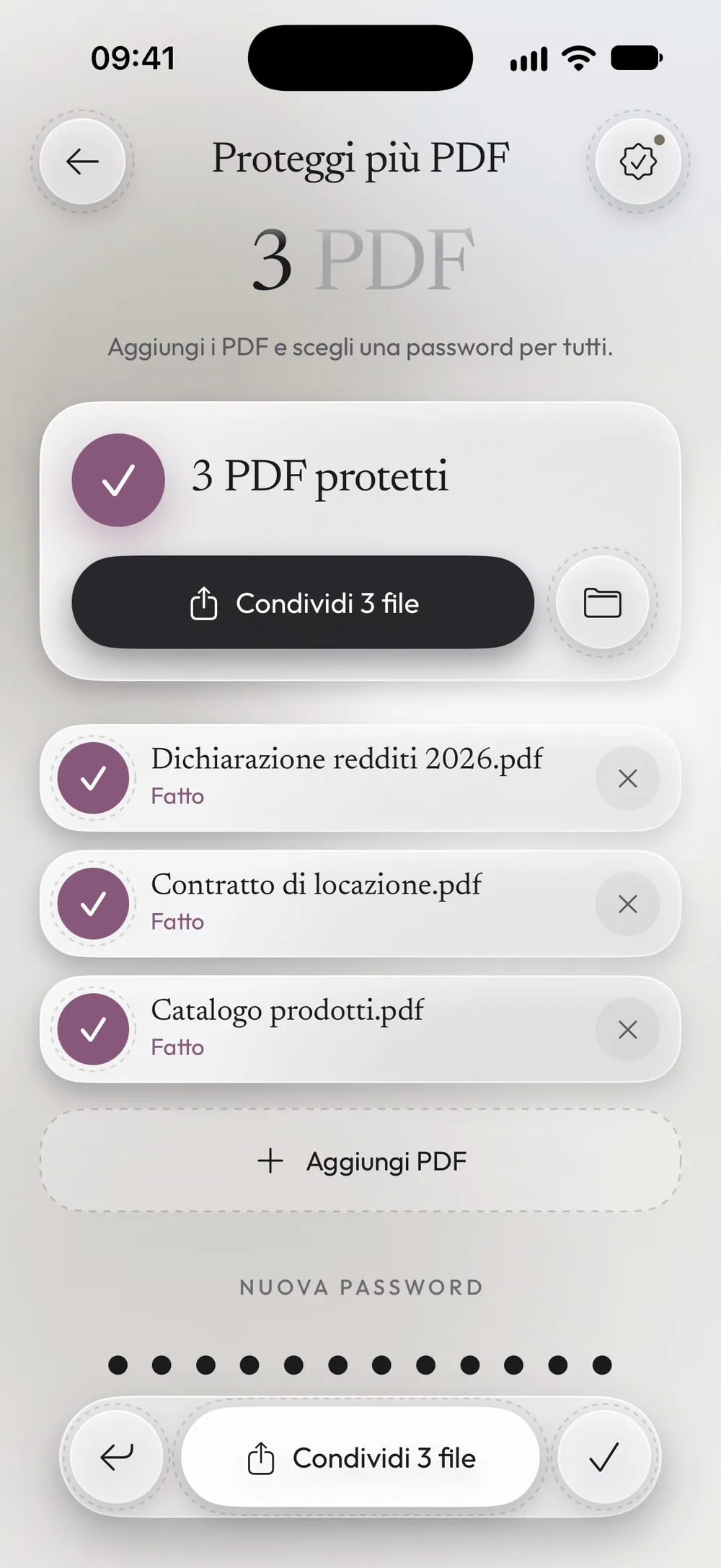 3 PDF protetti, con Condividi 3 file