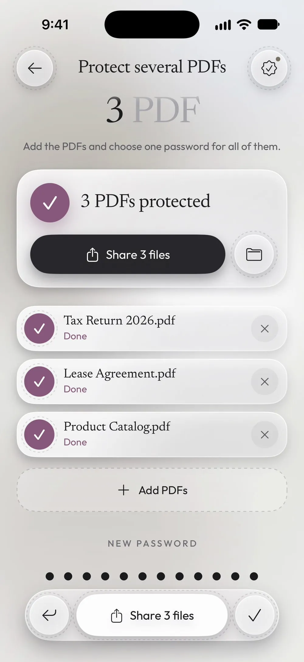 3 PDFs protected, with Share 3 files