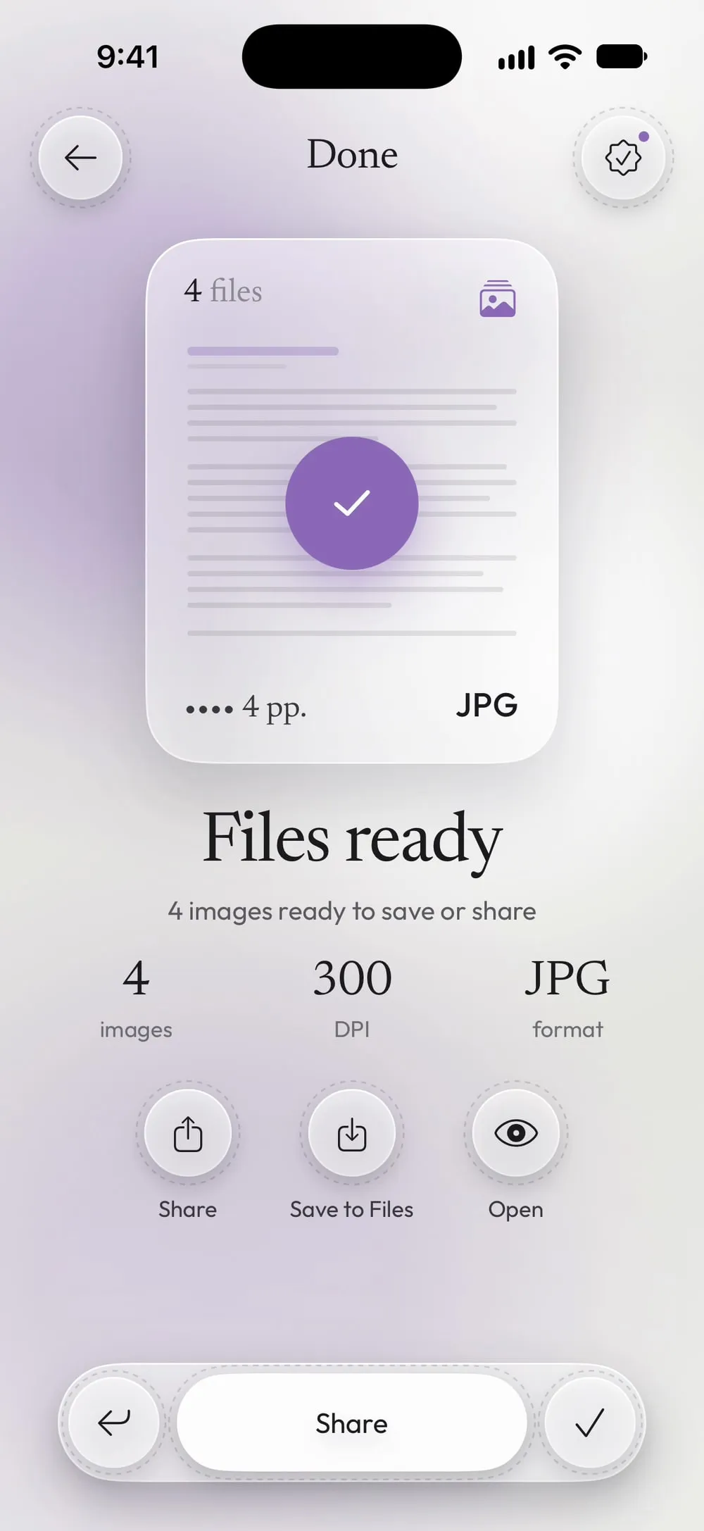 Files ready: 4 images at 300 DPI in JPG, with Share and Save to Files