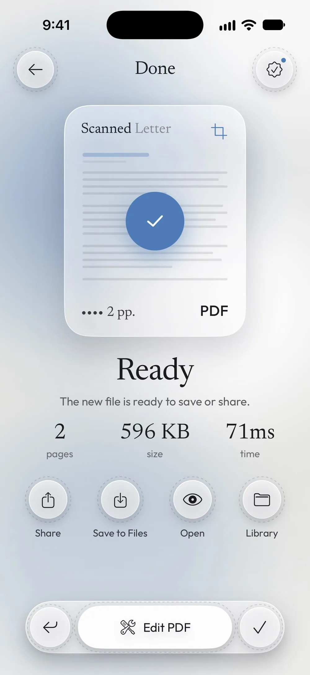 Ready: the cropped PDF with 2 pages, with Share, Save to Files and Open