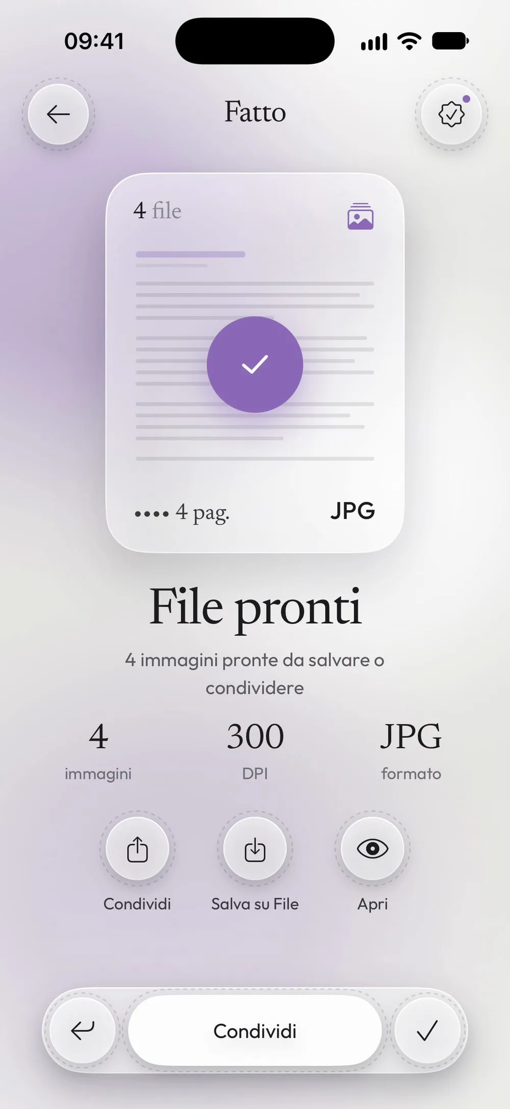 File pronti: 4 immagini JPG a 300 DPI, con Condividi e Salva su File
