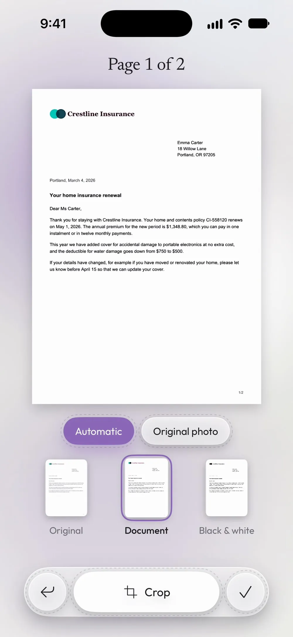 The page editor with the Document filter selected, Automatic crop and the Crop button