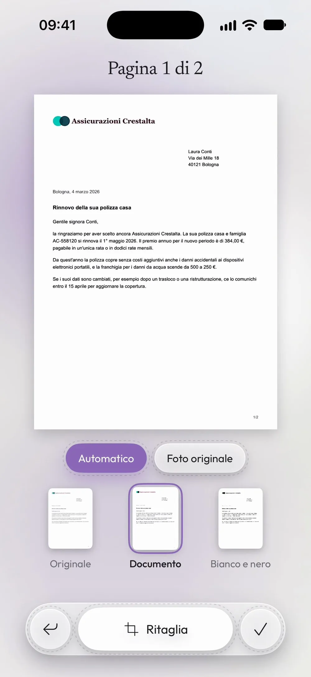 L'editor della pagina con il filtro Documento scelto, ritaglio Automatico e il pulsante Ritaglia