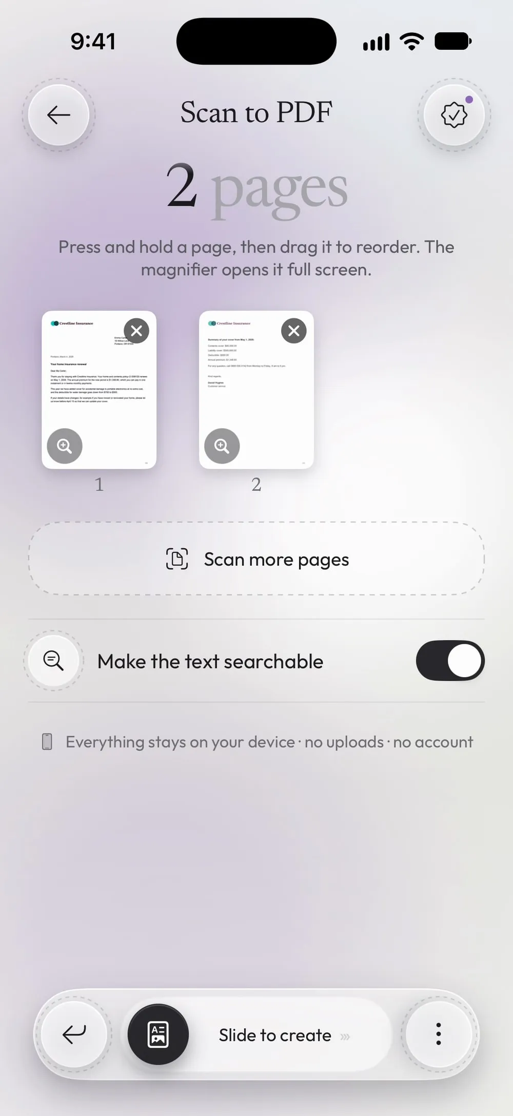 Scan more pages and Make the text searchable, turned on