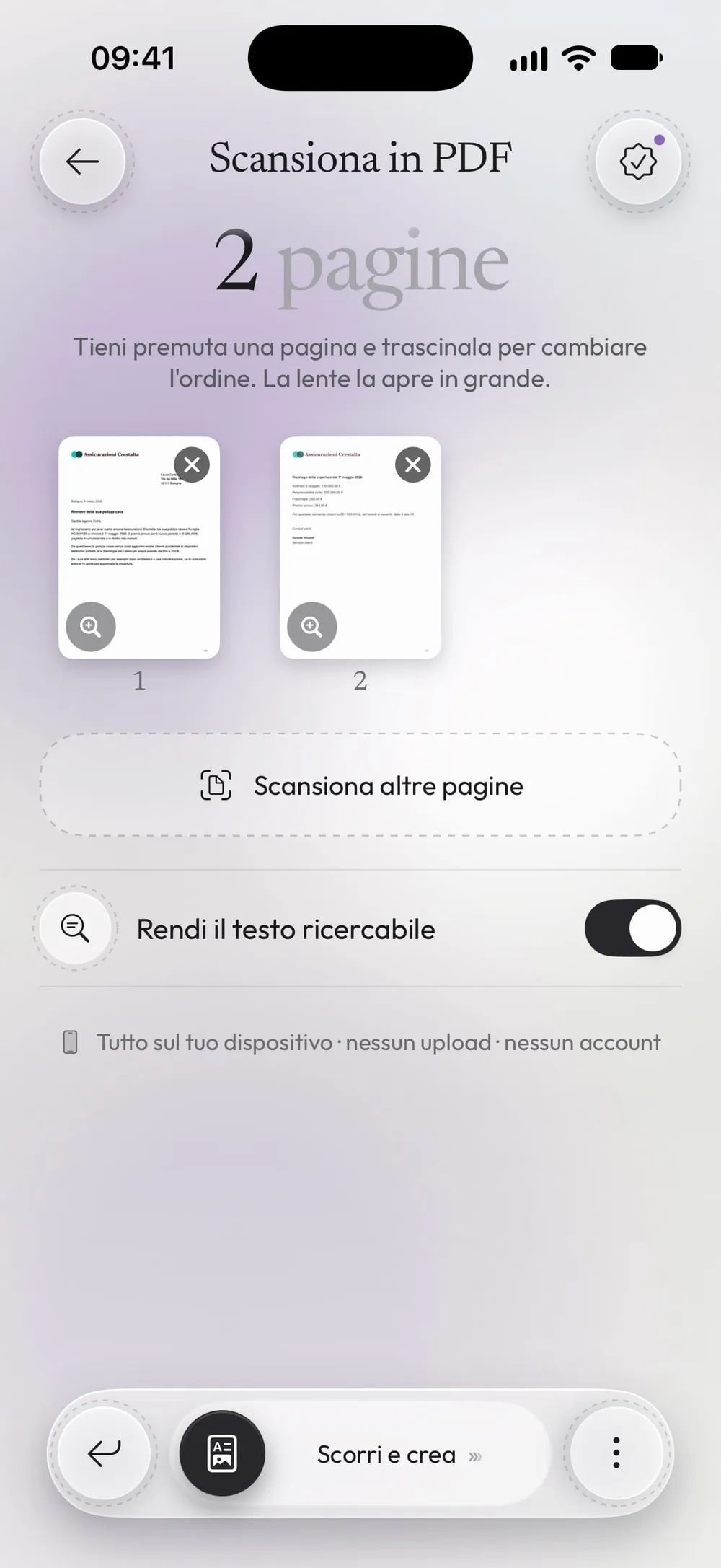 Scansiona altre pagine e Rendi il testo ricercabile, acceso