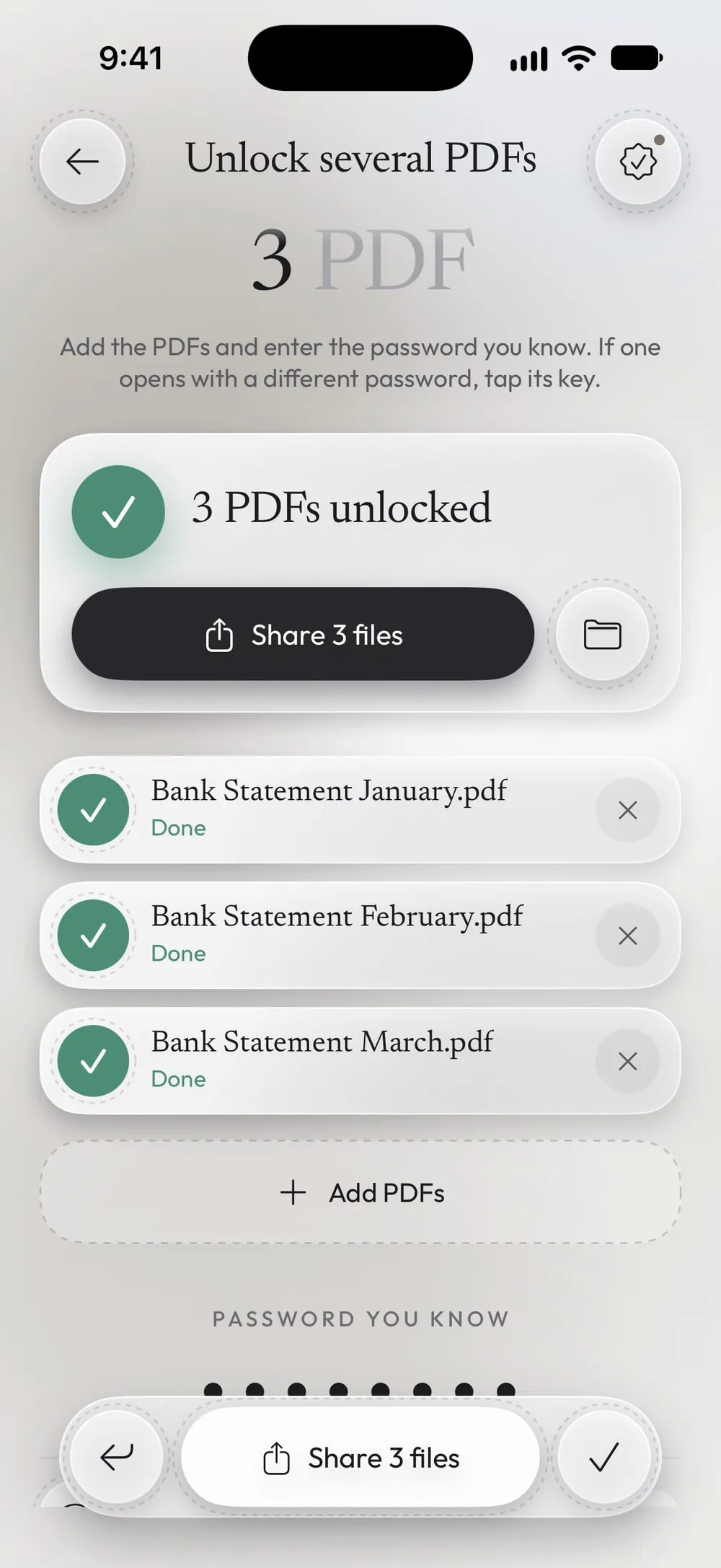 3 PDFs unlocked, each one Done, with Share 3 files