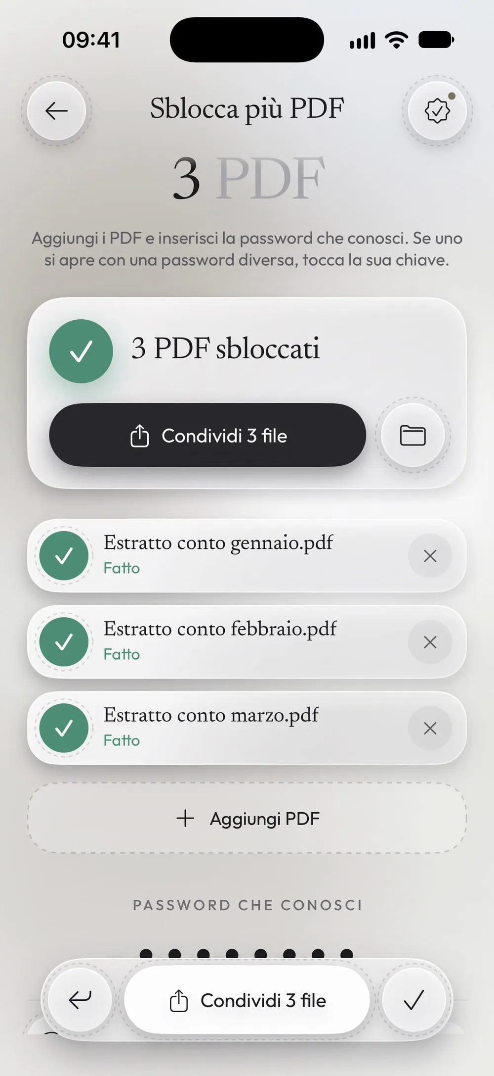 3 PDF sbloccati, ognuno Fatto, con Condividi 3 file