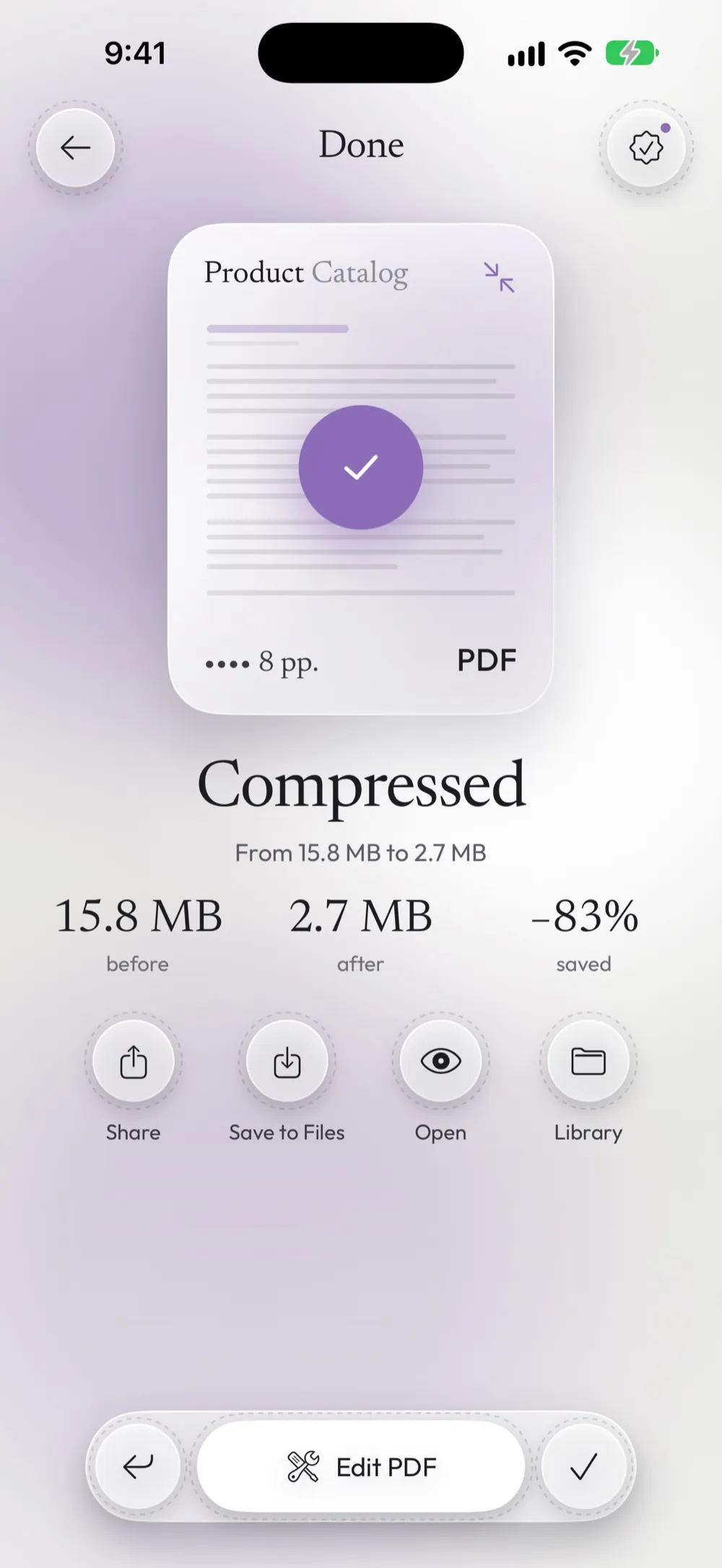 Compressed: from 15.8 MB to 2.7 MB, 83% saved, with Share, Save to Files and Open
