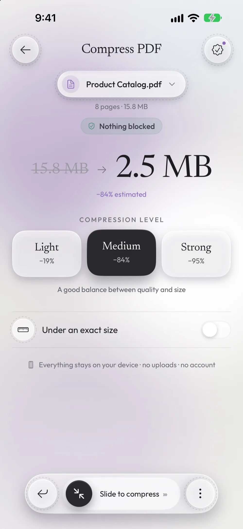The Compress PDF options with Light, Medium and Strong and the estimated size for each