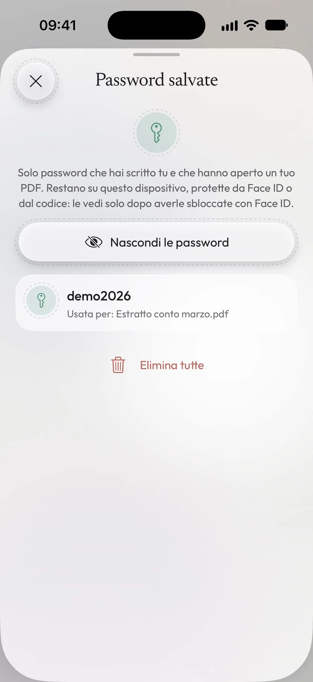 Password salvate in Impostazioni, mostrate dopo Face ID, con il PDF che ognuna ha aperto