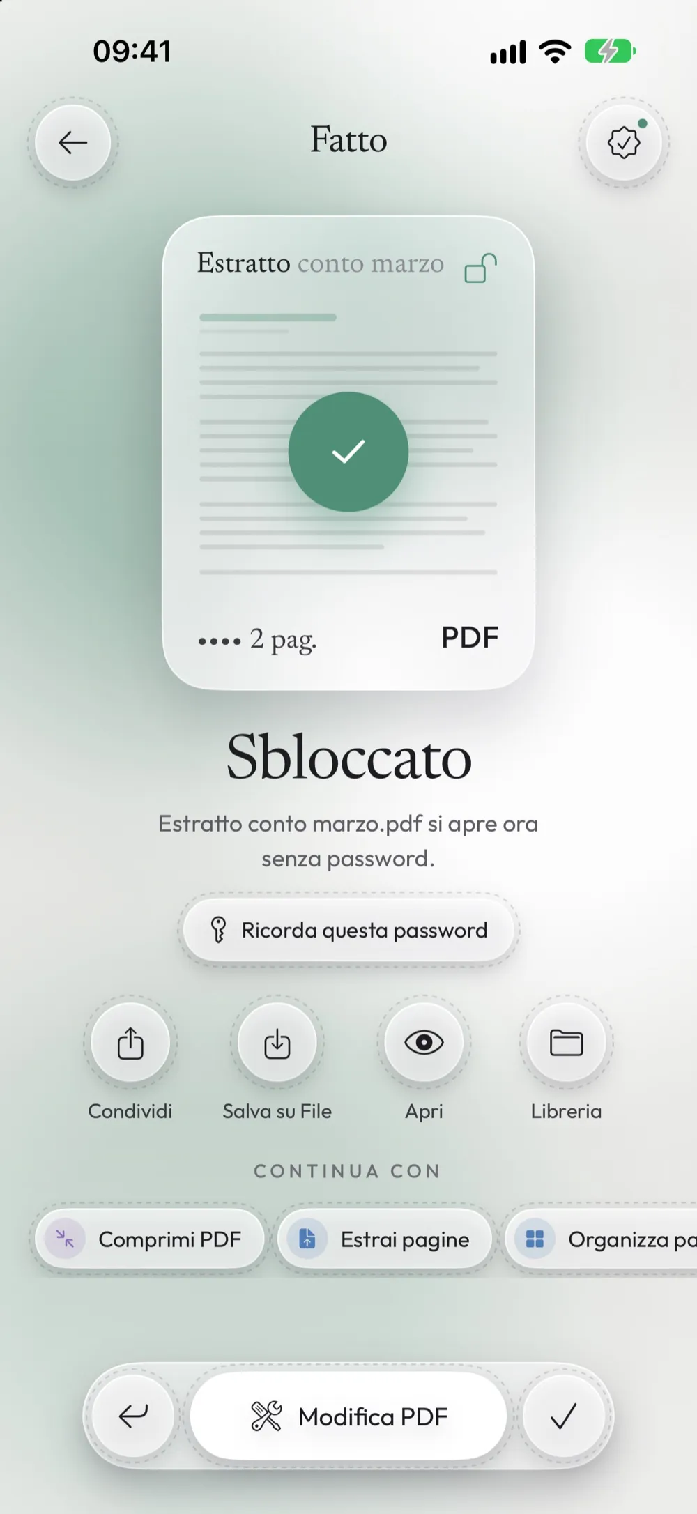 Sbloccato: Estratto conto marzo.pdf si apre ora senza password, con Condividi, Salva su File e Apri